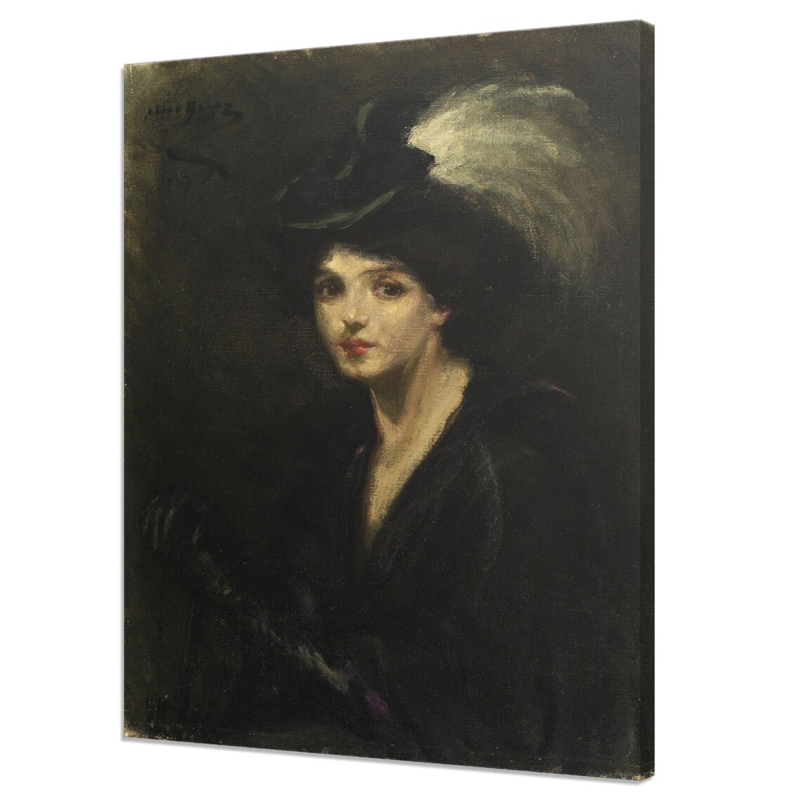 Woman in Black Feathered Hat Moody Antique Oil Portrait Print
