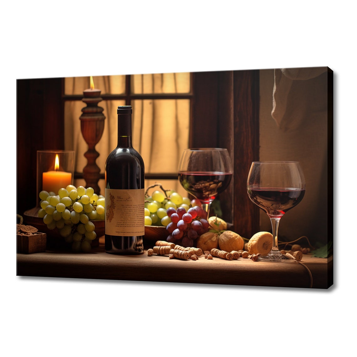 Red Wine Bottle Glasses Grapes Candlelit Window Cozy Still Life Print