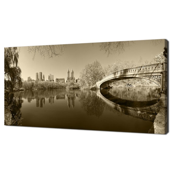 Beautiful Central Park Bow Bridge Sepia Retro Panoramic Modern Design Home Decor Print Wall Art Picture
