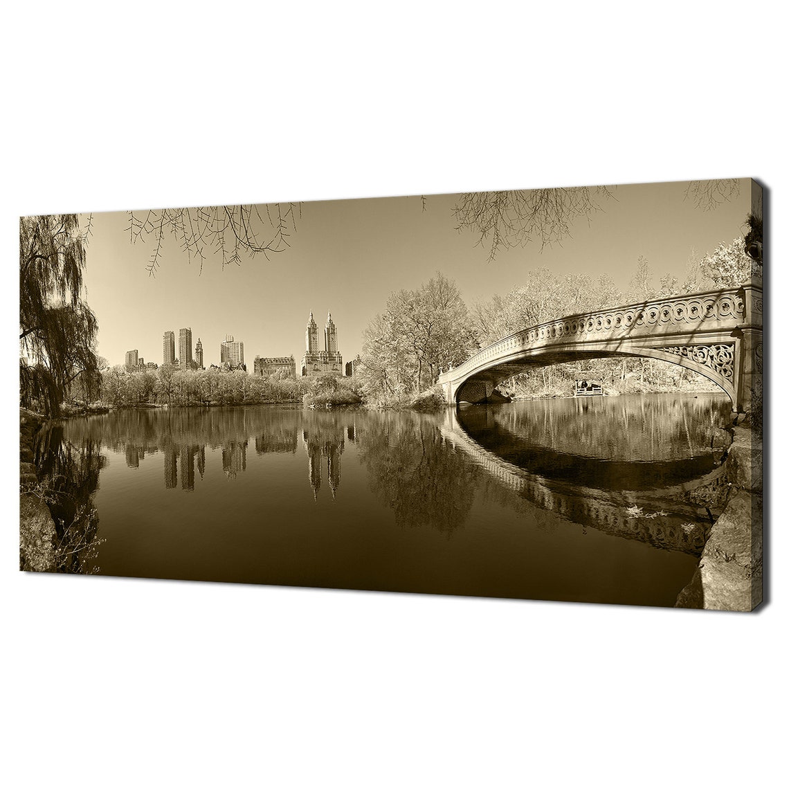 Beautiful Central Park Bow Bridge Sepia Retro Panoramic Modern Design Home Decor Print Wall Art Picture