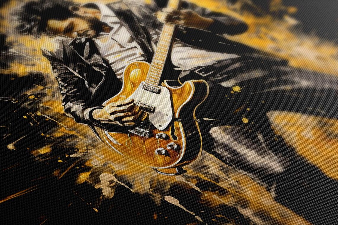 Electric Guitar Player In Suit Black Gold Splash Rock Music Poster - Image 3