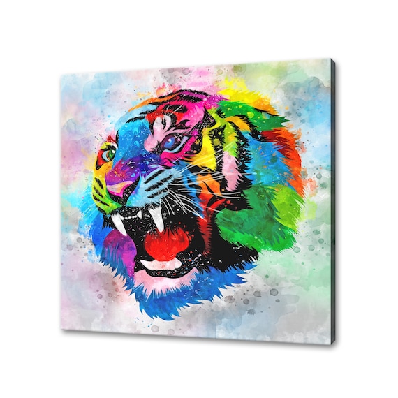 Roaring Tiger Rainbow Watercolor Fangs Bared Fierce Look Poster