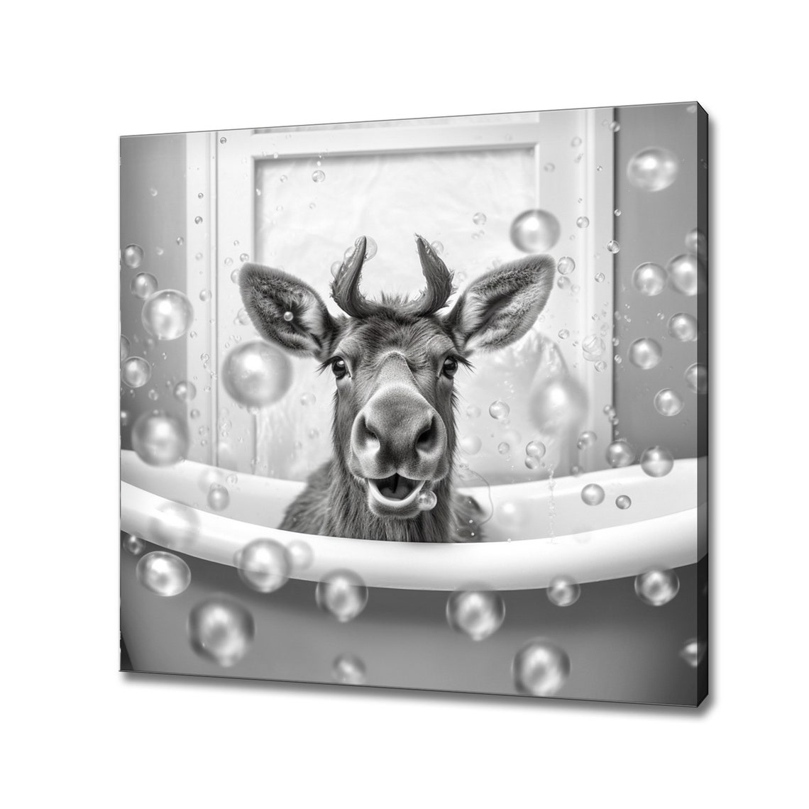 Cute Baby Moose In A Bubble Bath Black And White Nursery Art Print