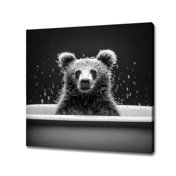 Cute Baby Bear In Bathtub Splashing Water Black White Animal Art Poster