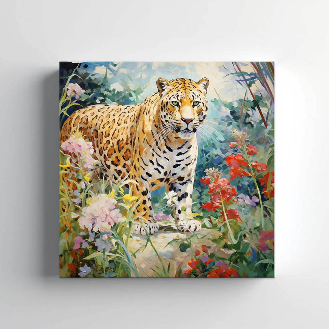 Leopard Jungle Wildflowers Standing Portrait Colourful Art Print - Image 3