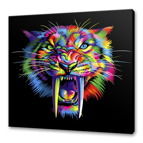 Rainbow Sabertooth Tiger Face Roaring Pop Art Black Background Poster
