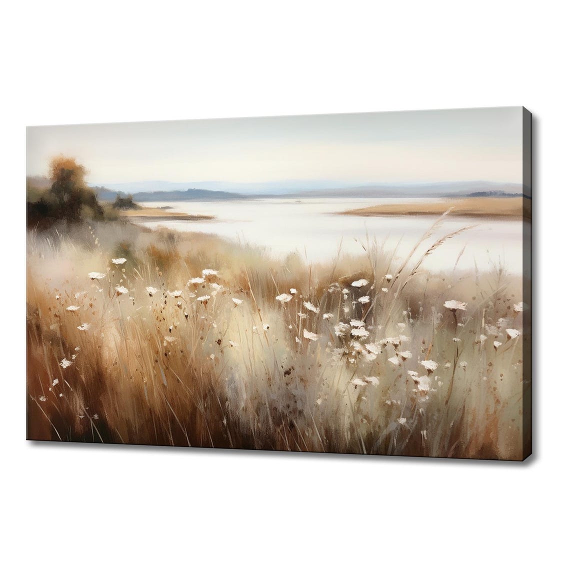 Vintage Flowers Meadow Field By The Lake Painting Style Print Farmhouse Decor Art Nature Picture Wall Hanging Fine Art Print