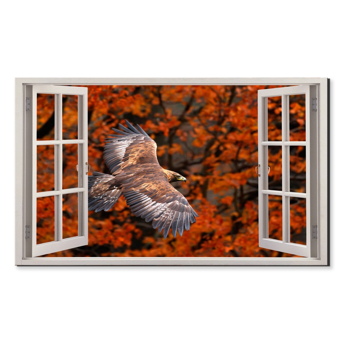 White Tailed Eagle Soaring Through Window Frame Autumn Leaves Wall Art