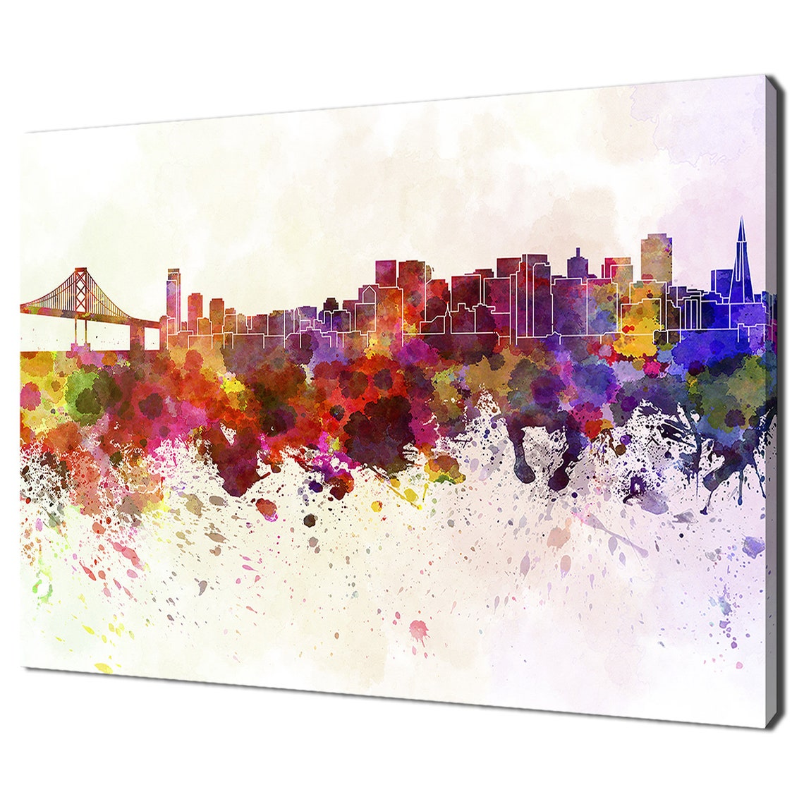 San Francisco Watercolor Skyline Bay Bridge Rainbow Splash Art Poster
