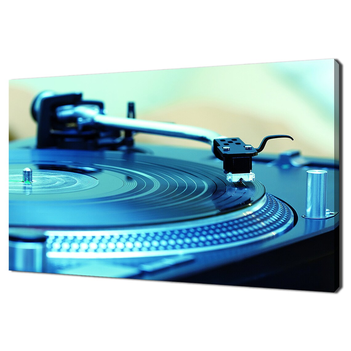Retro Turntable Tonearm On Spinning Vinyl Record Blue Tinted Music Wall Poster