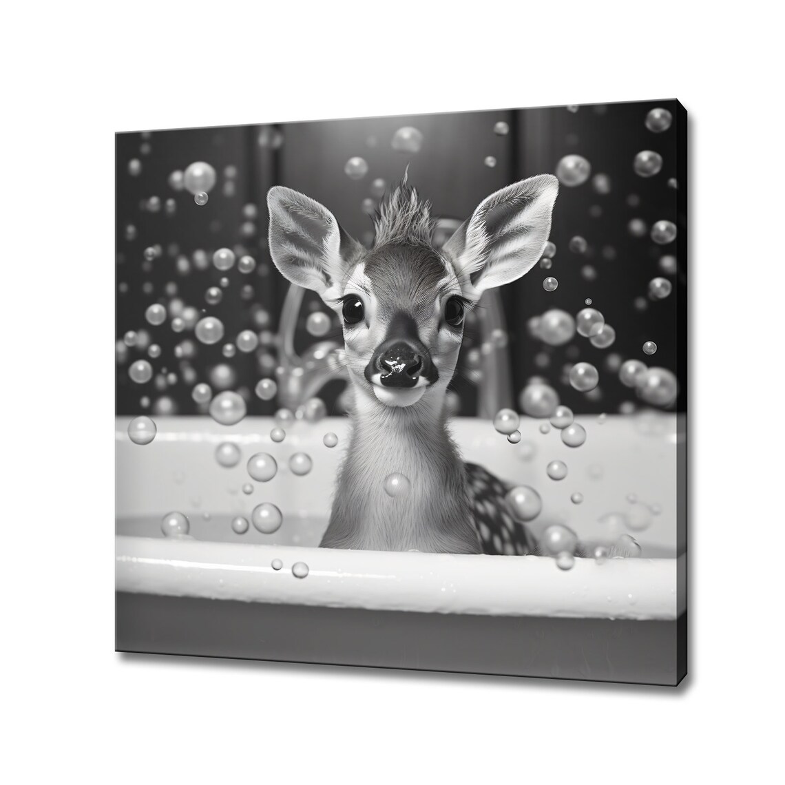 Cute Baby Deer in Bathtub Bubbles Black and White Funny Animal Art Poster