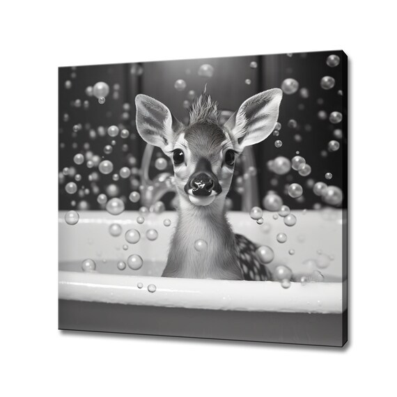 Cute Baby Deer in Bathtub Bubbles Black and White Funny Animal Art Poster