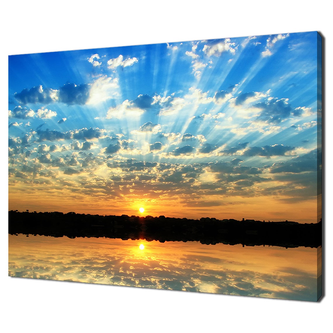 Sunrise Over Calm Water Dramatic Sun Rays Clouds Reflection Art Poster