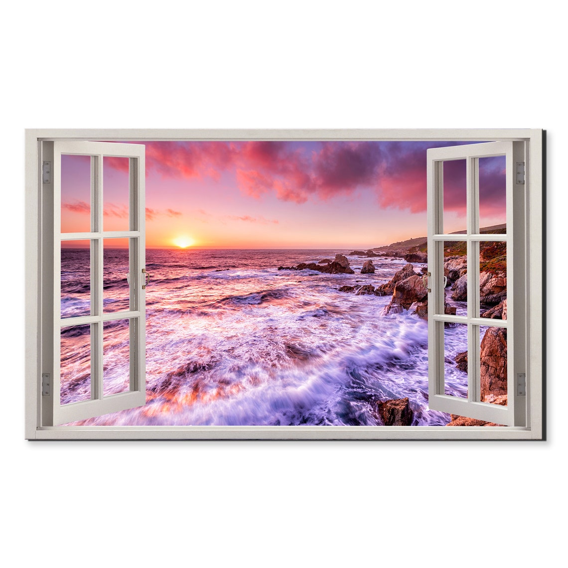 California Pink Sunset Ocean Window View Trompe Loeil Travel Poster