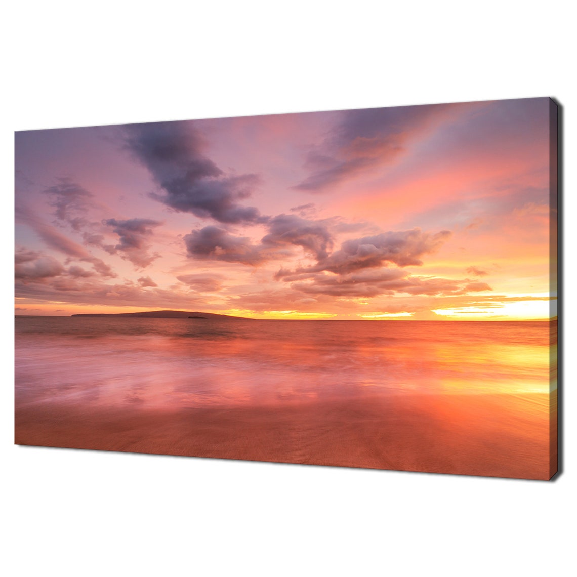 Hawaii Beach Pink Orange Sunset Ocean Waves Seascape Wall Art Print