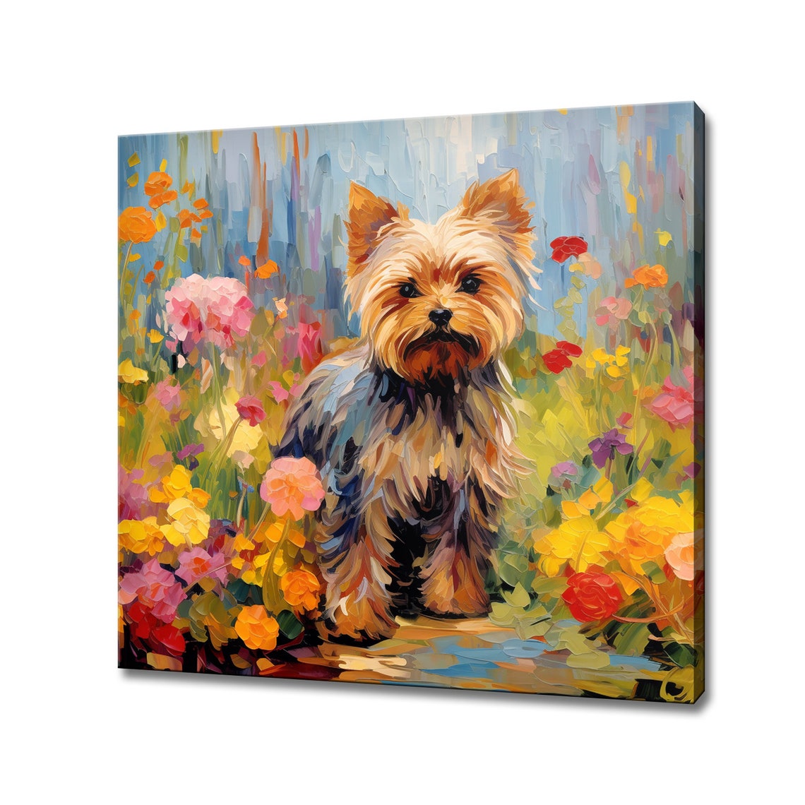 Cute Yorkshire Terrier Puppy In Colorful Flower Garden Portrait Poster