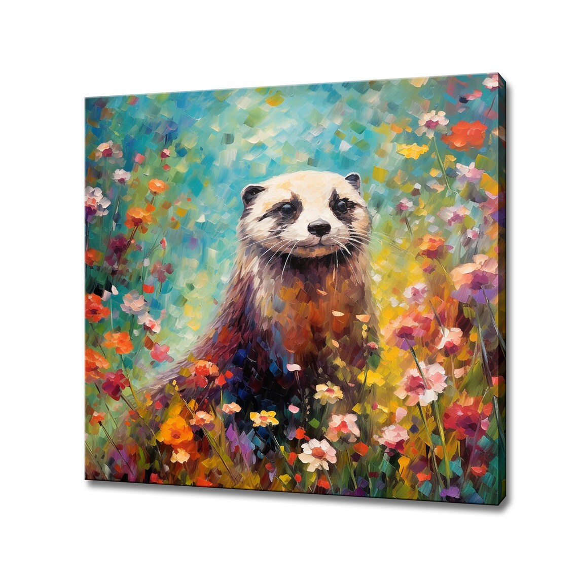 Ferret Portrait In A Bright Wildflower Field Painting Poster