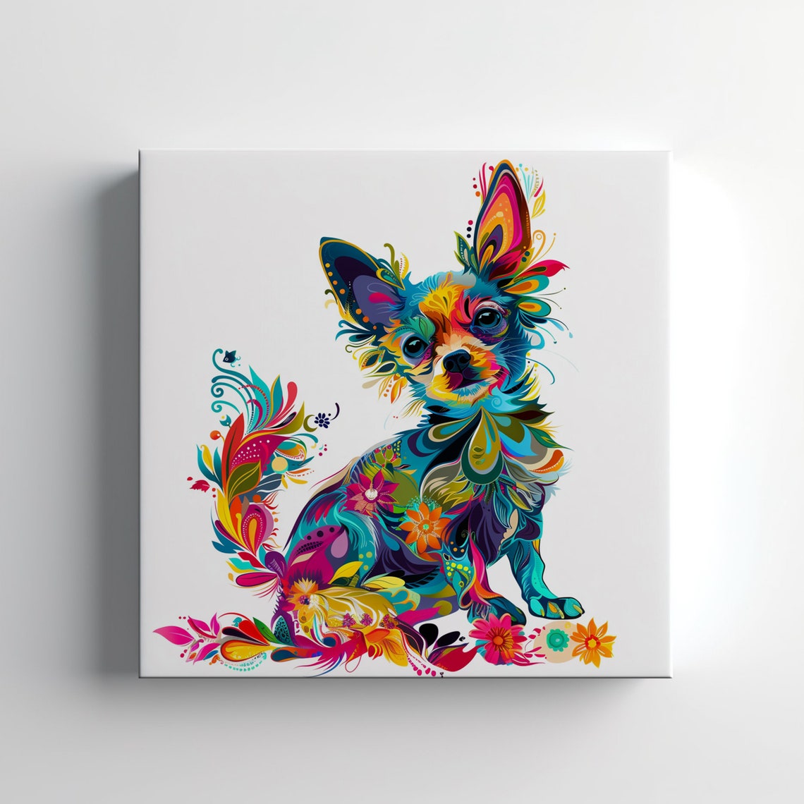 Chihuahua Colorful Floral Portrait Cute Tiny Dog Lover Wall Art