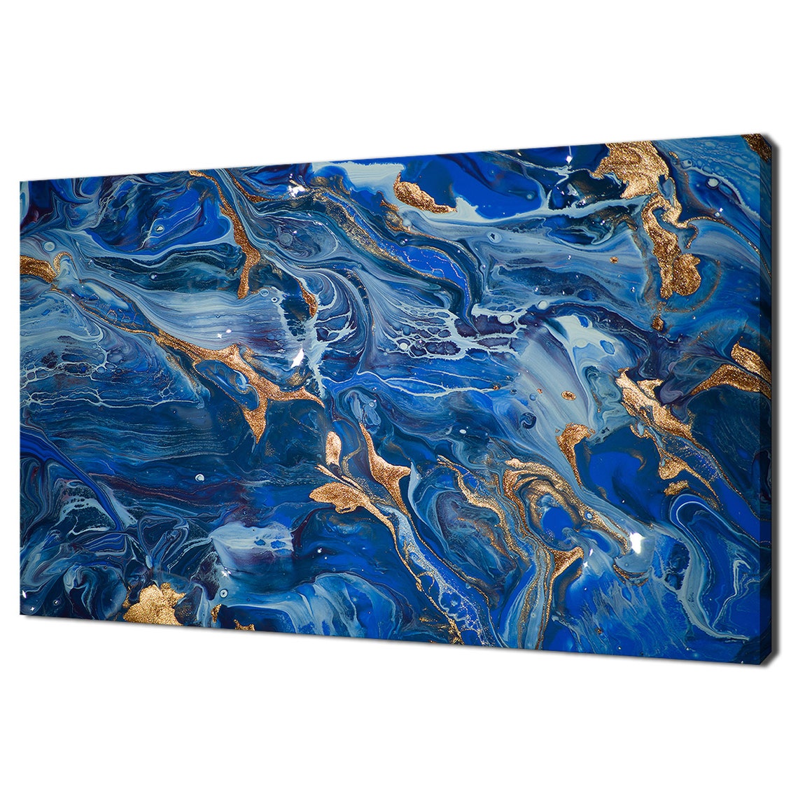 Blue Gold Liquid Marble Swirl Abstract Modern Luxury Resin Art Poster