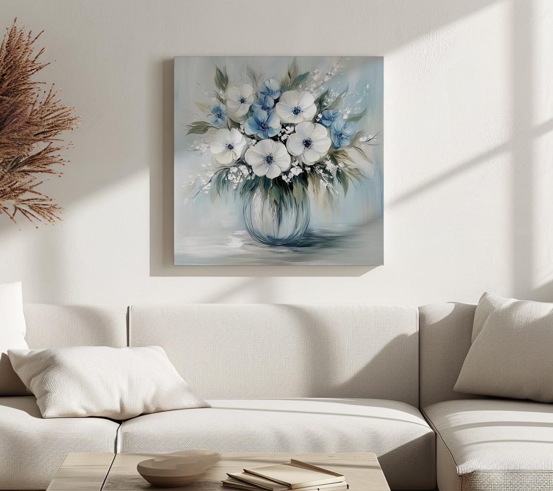White Blue Anemone Flowers In Glass Vase Botanical Painting Print - Image 2