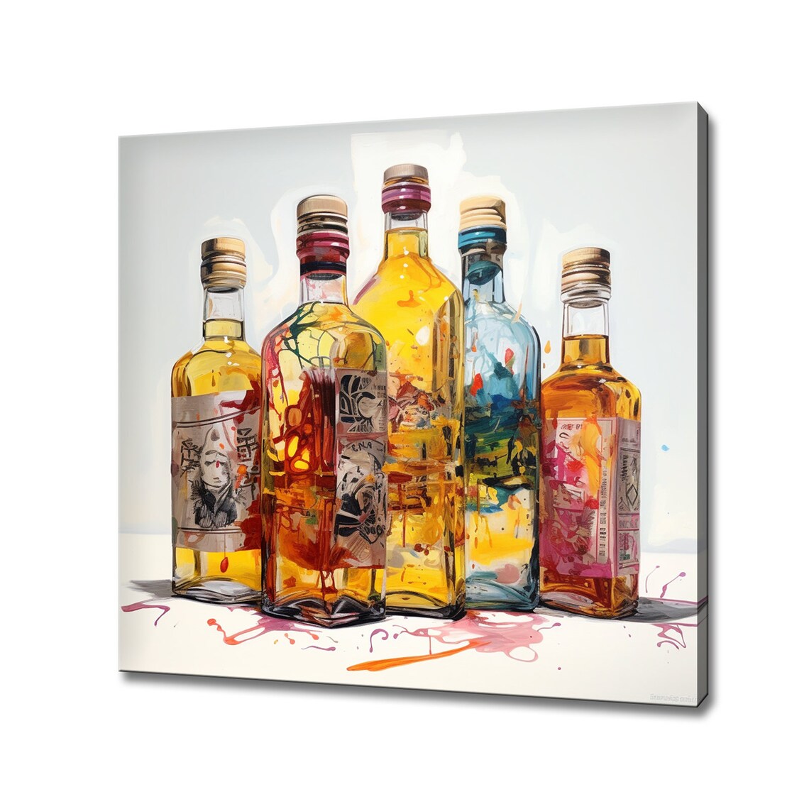 Colorful Glass Liquor Bottles Watercolor Kitchen Wall Art Print