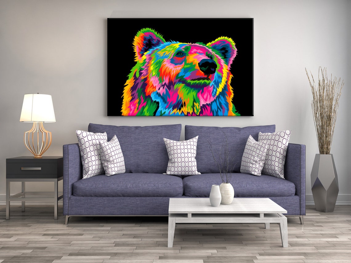 Colorful Neon Bear Portrait Black Background Abstract Animal Poster - Image 2