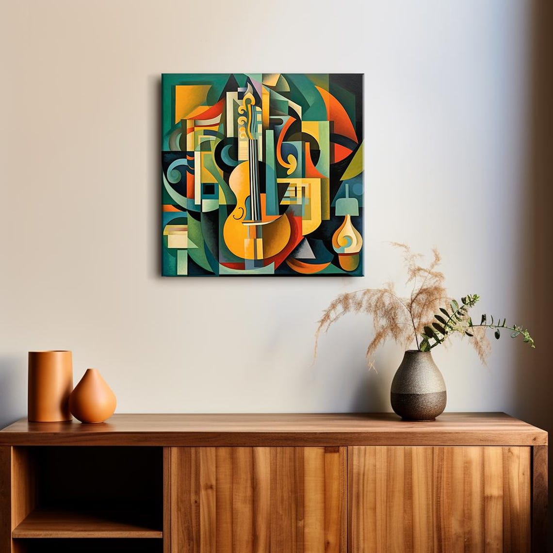 Yellow Violin Cubist Abstract Music Art Geometric Green Orange Print - Image 2