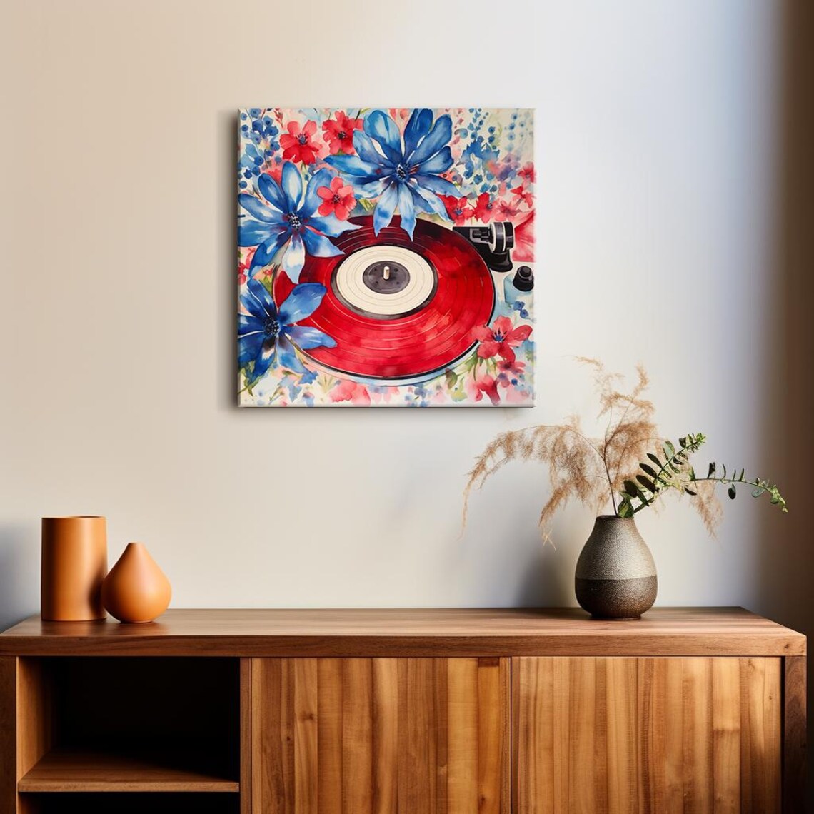 Red Vinyl Record Turntable Blue Flowers Watercolor Music Poster - Image 2