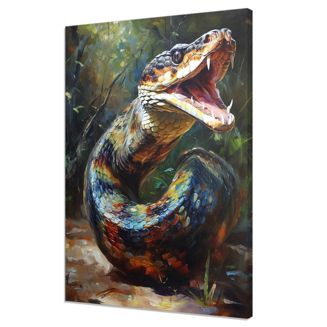 Colorful Striking Python Snake Open Jaws Iridescent Scales Art Poster