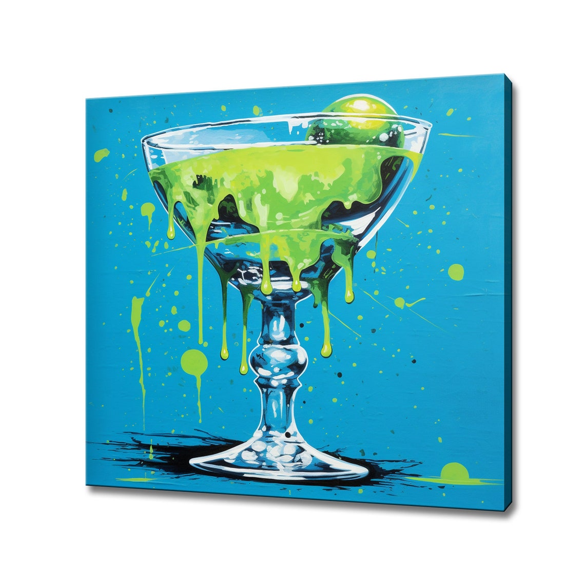 Green Lime Cocktail Dripping Glass Pop Art Blue Modern Bar Poster