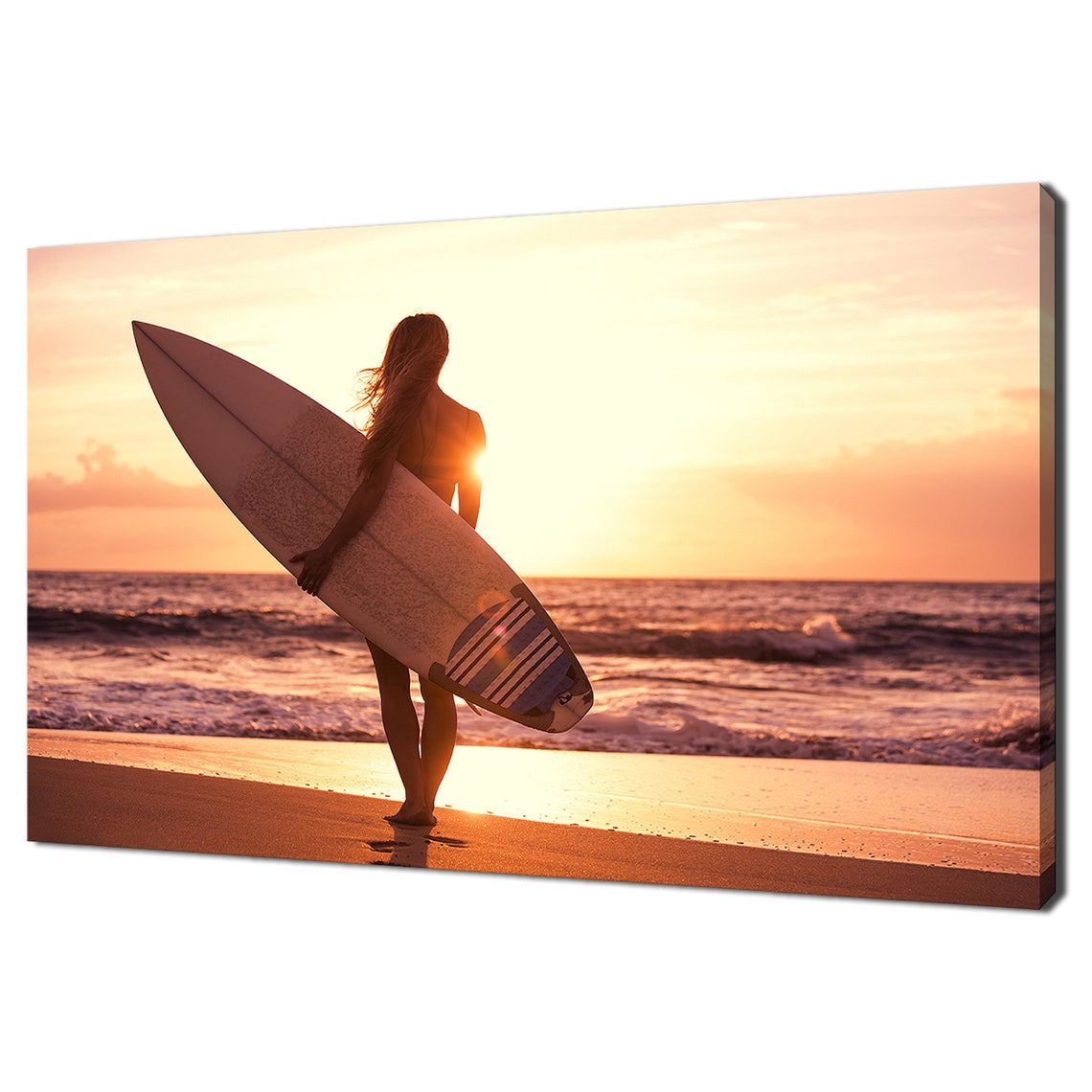 Surfer Girl With Surfboard Sunset Beach Silhouette Ocean Poster