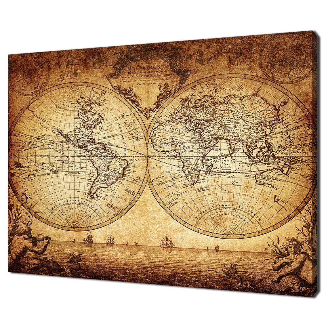 Vintage World Map Antique Grunge Double Hemisphere Nautical Wall Art