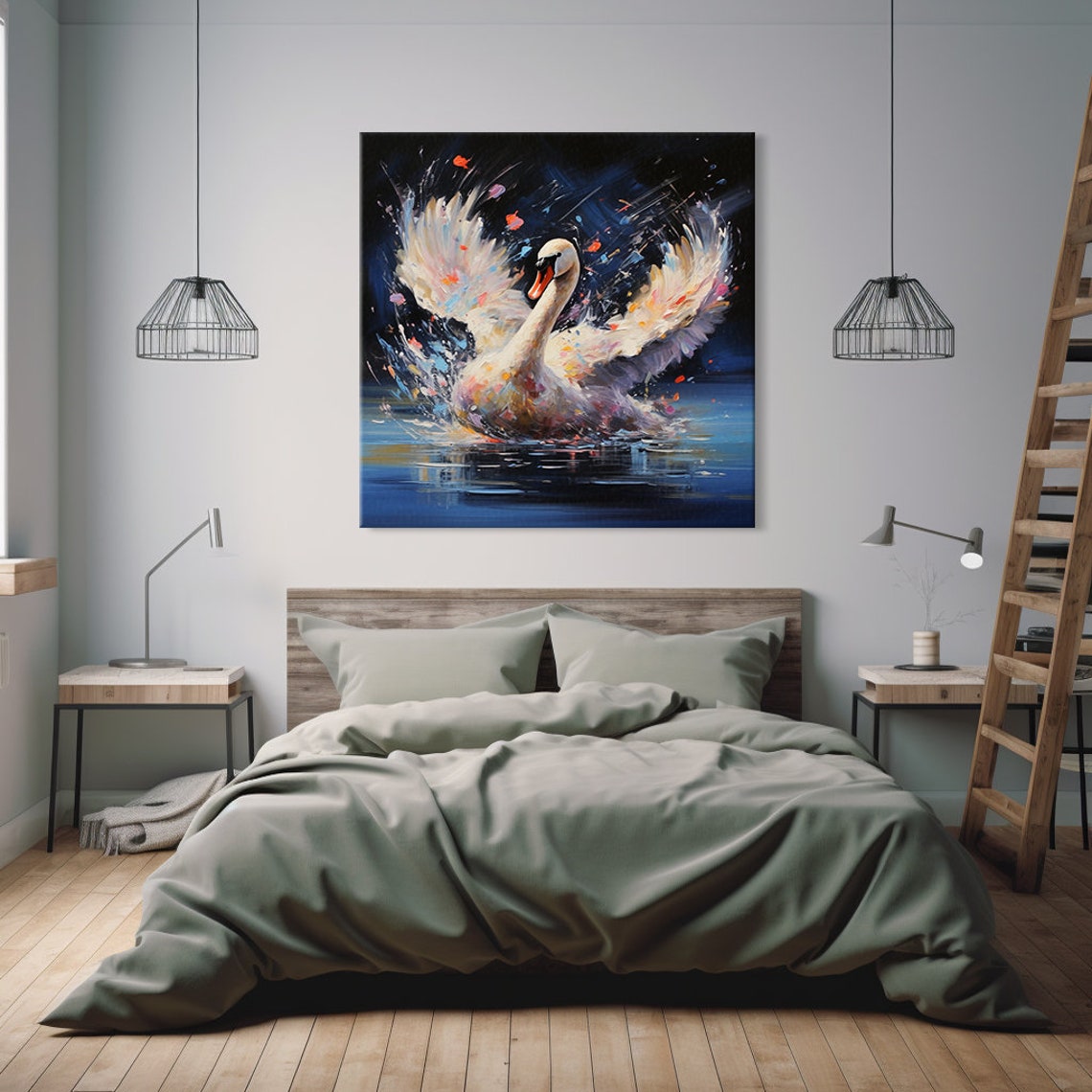 White Swan Wings Raised On Dark Water Moody Nightscape Lake Poster - Image 2