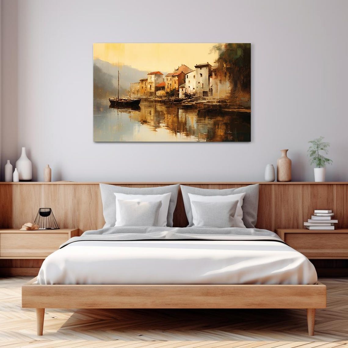 Old Town Harbor Boats At Warm Dusk Impressionist Waterfront Poster - Image 3
