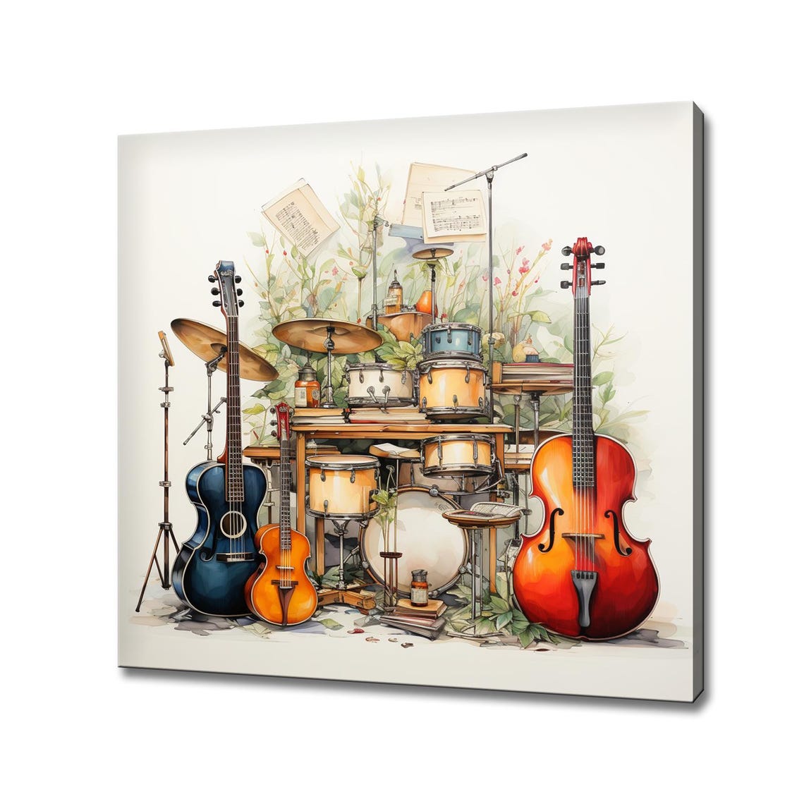 Watercolor Band Instruments Guitars Drums Cello Sheet Music Poster