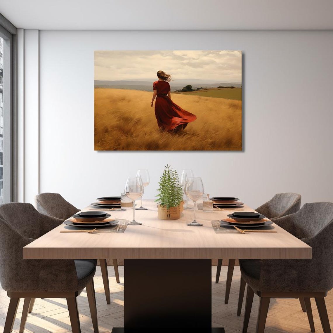 Woman In Red Dress Walking Golden Wheat Field Wind Vintage Art Poster - Image 2