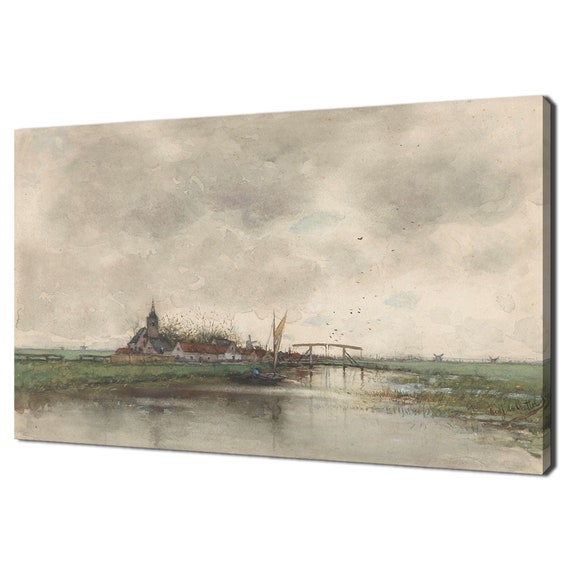 River Landscape With A View Of Village Vintage Victorian Oil Painting Print 18th Century Antique Fine Art Rustic Farmhouse Decor