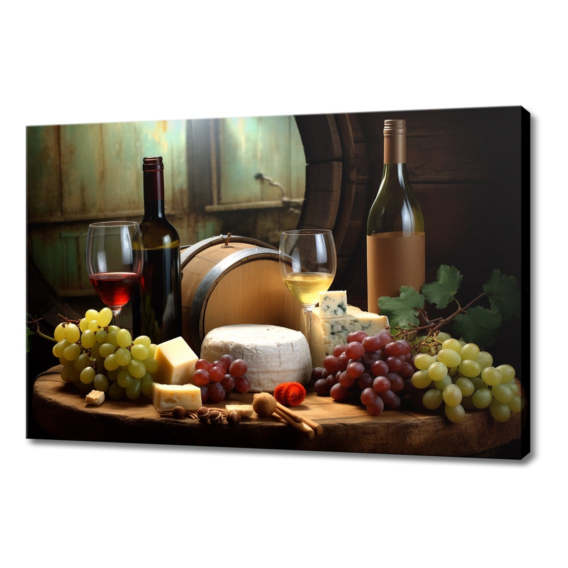 Vintage Wine Bottles Cheese Grapes Rustic Cellar Still Life Art Print