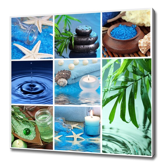 Blue Spa Collage Salt Starfish Pebbles Bathroom Zen Spa Modern Design Home Decor Print Wall Art Picture