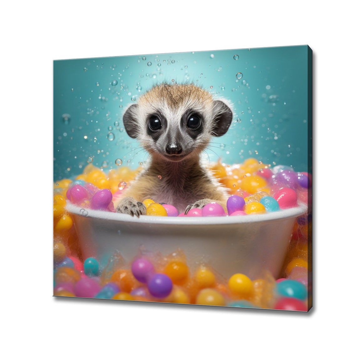 Adorable Baby Meerkat Bubble Bath Colorful Candy Balls Teal Art Print