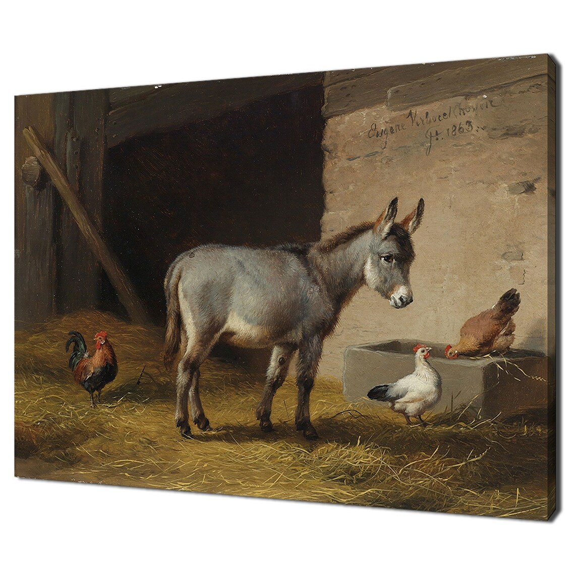 Donkeys And Chickens In The Stable 1863 Victorian Oil Painting Print Animal Print Wall Art Antique Fine Art Print Farmhouse Decor