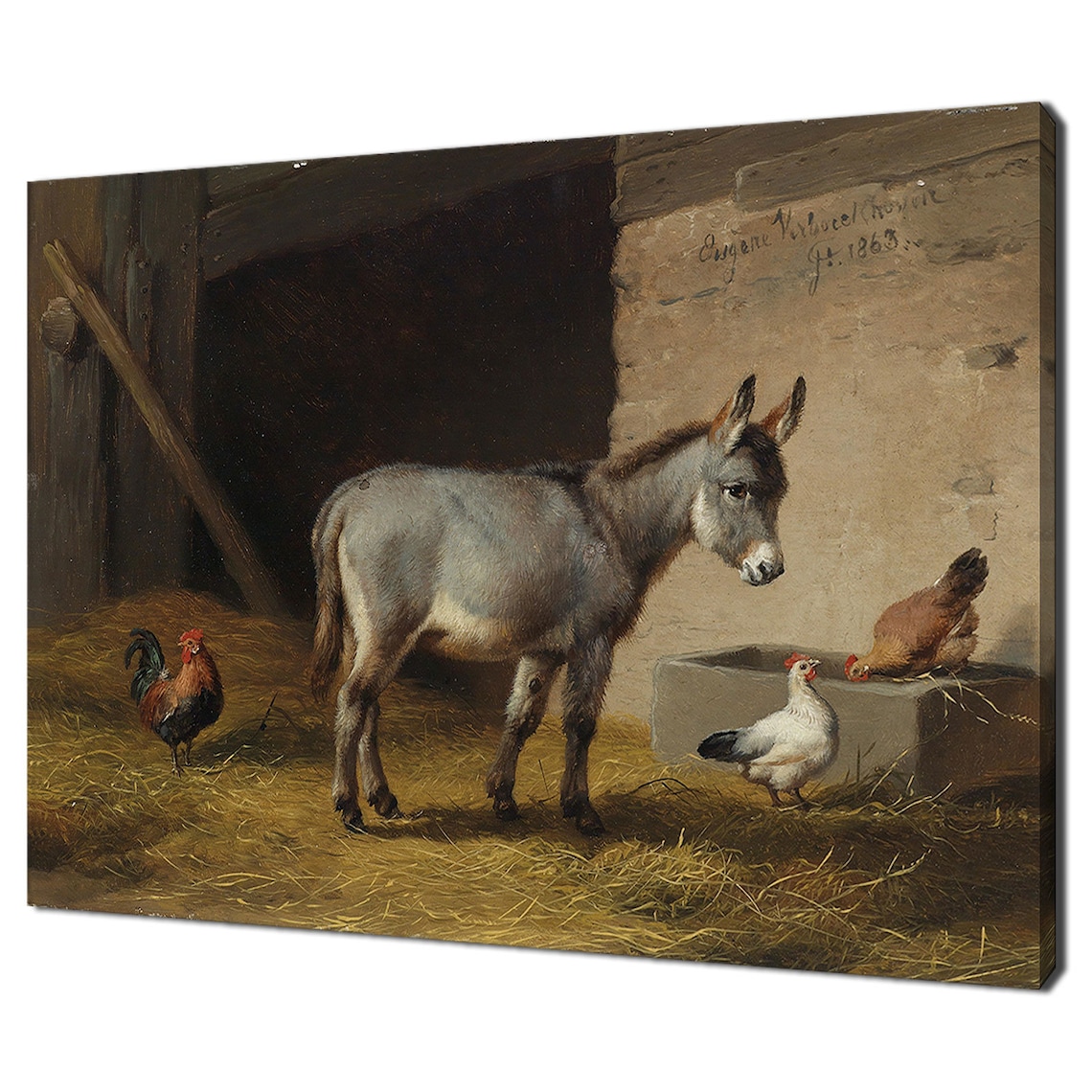 Eugene Verboeckhoven Donkey Chickens Stable Vintage Animal Poster
