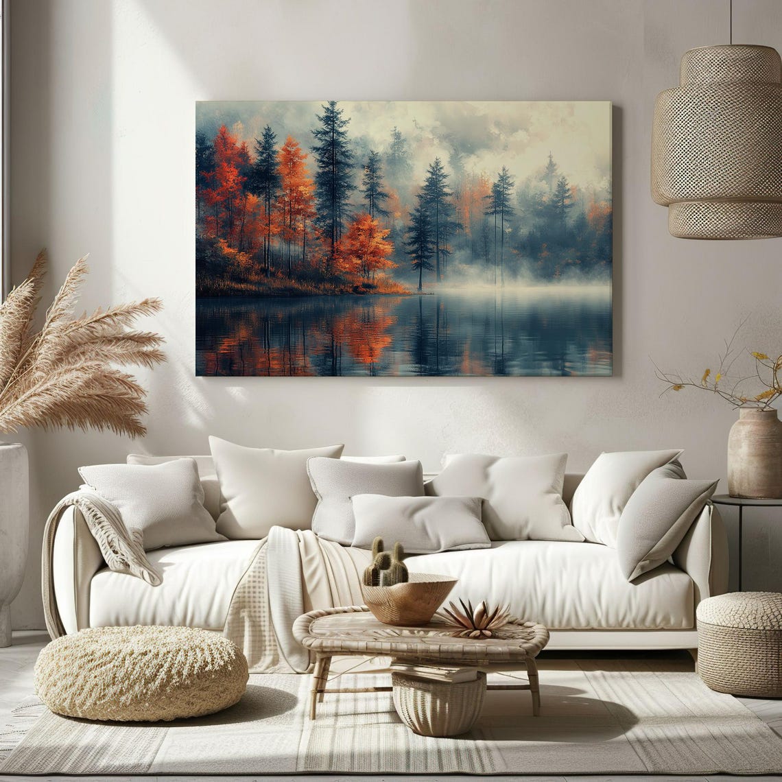 Autumn Pine Trees Foggy Forest Lake Vintage Painting Style Print Farmhouse Decor Art Nature Picture Wall Hanging Fine Art Print - Image 2