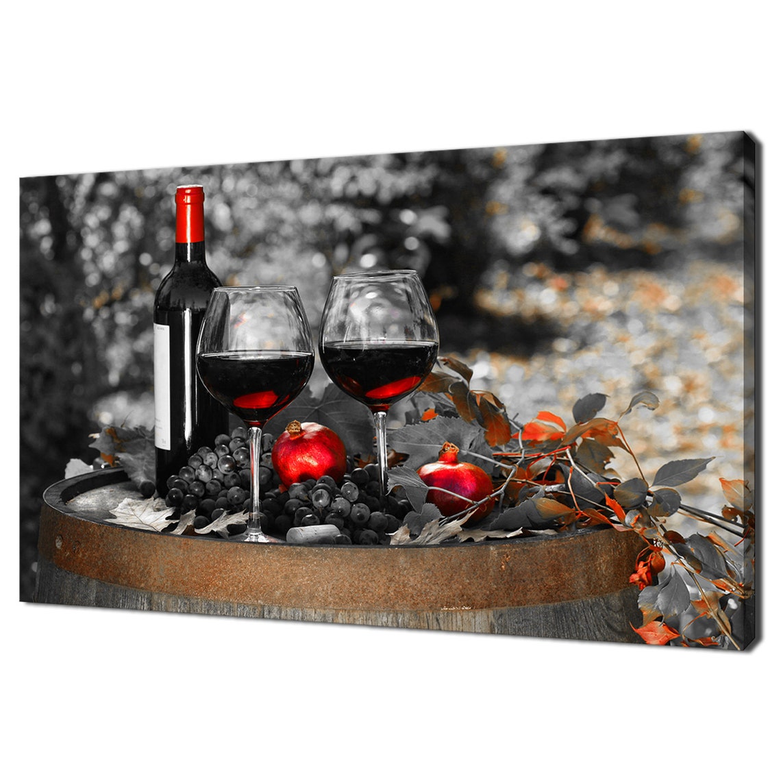 Red Wine Glasses Bottle Barrel Autumn Leaves Selective Color Wall Art