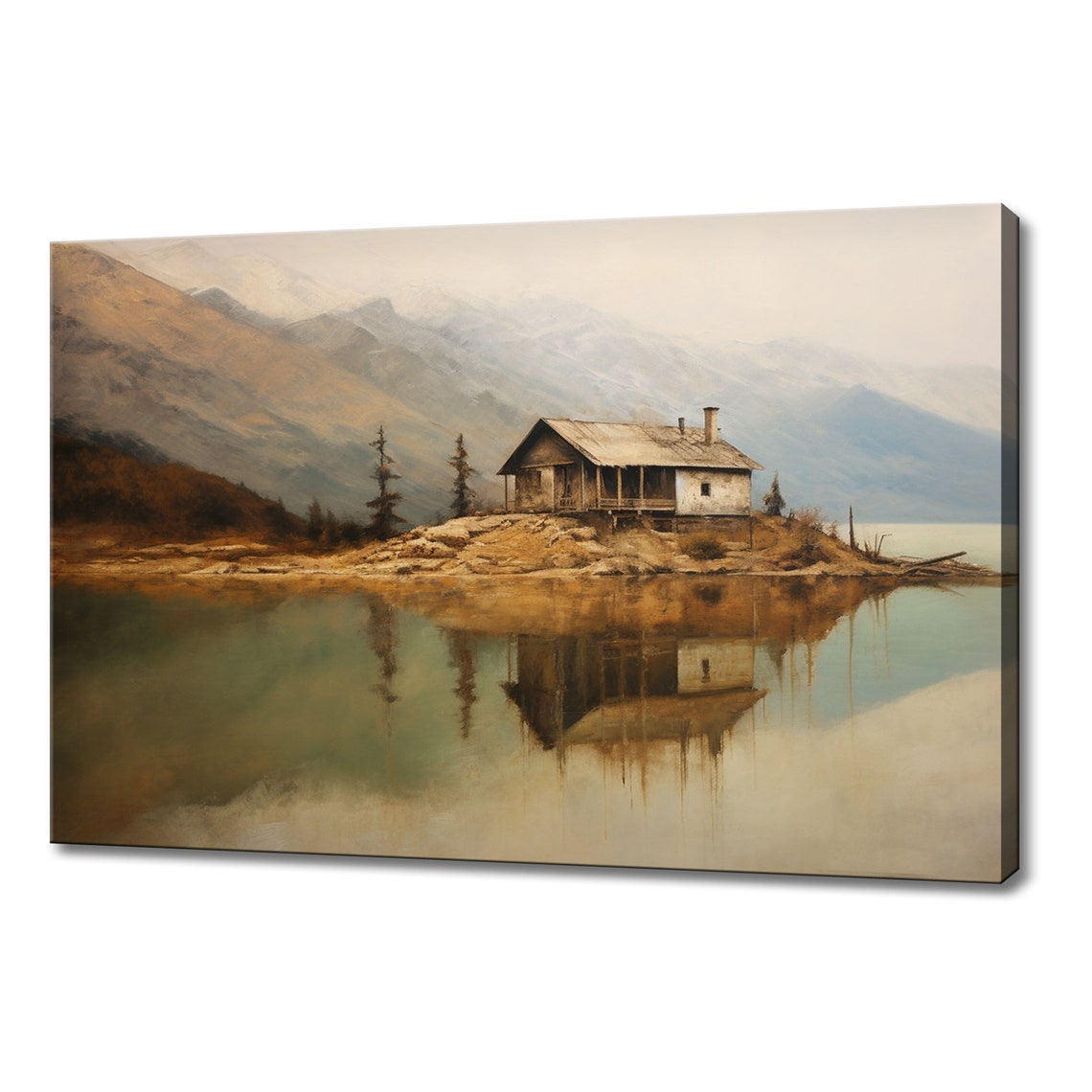 House On The Lake Vintage Landscape Countryside Painting Style Print Farmhouse Decor Art Nature Picture Wall Hanging Fine Art Print