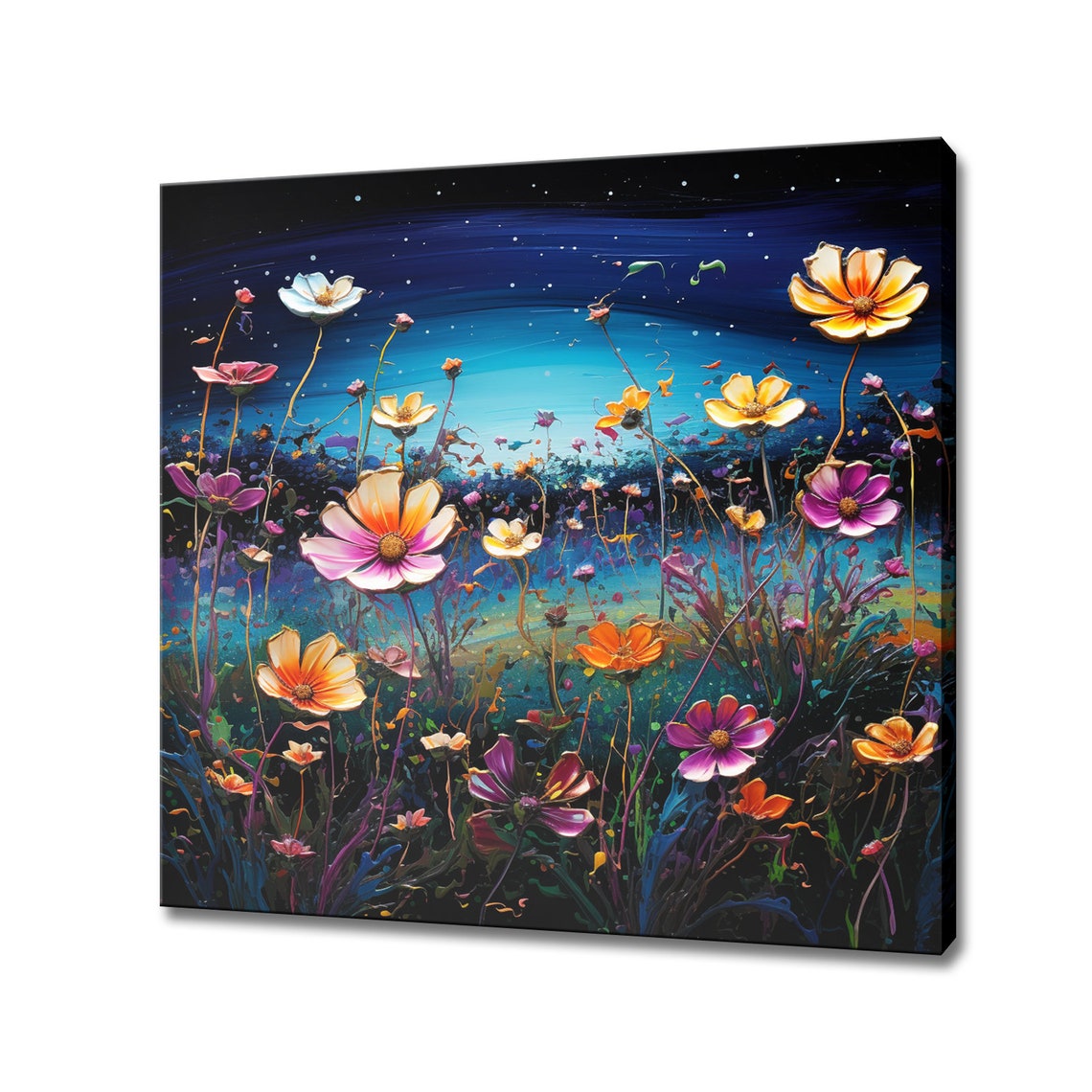 Cosmos Flower Field Starry Night Sky Oil Painting Floral Art Poster