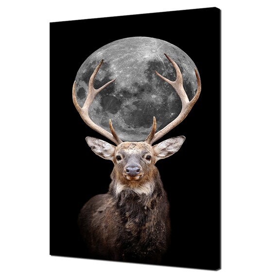 Stag with Full Moon Behind Antlers Night Sky Wildlife Wall Art