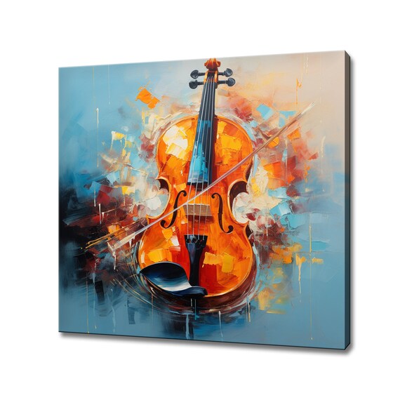 Orange Violin Abstract Brushstroke Oil Painting Musical Instrument Wall Art
