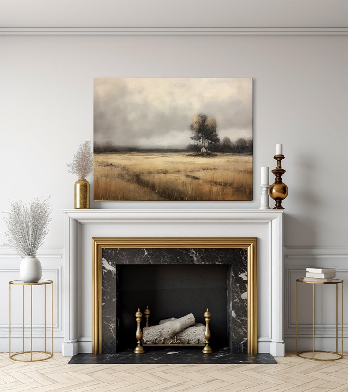 Lone Trees With Cottage In Misty Field Serene Neutral Landscape Poster - Image 3