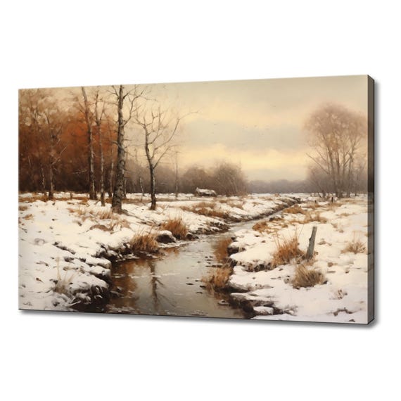 Winter Snowy Landscape River Vintage Painting Style Print Farmhouse Decor Art Picture Wall Hanging Fine Art Print